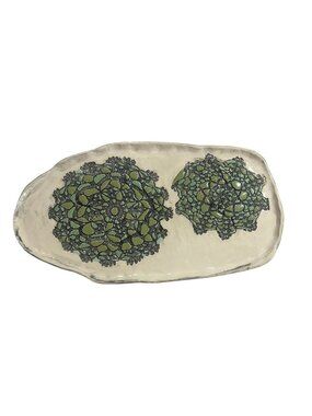 Handcrafted Ceramic Art Tray Green Mosaic Floral Design Textured Signed "LS "